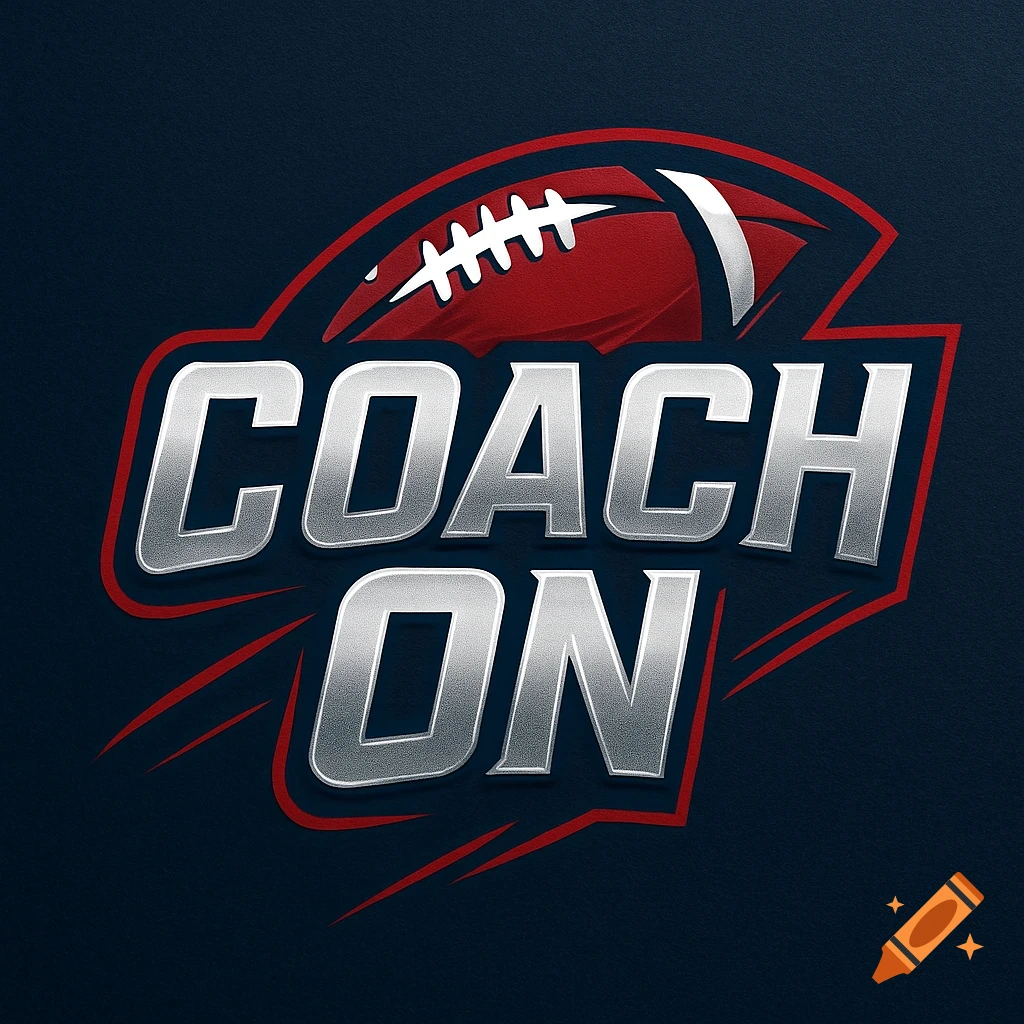 American Football logo with a red football and silver text "COACH ON" on a dark blue background.