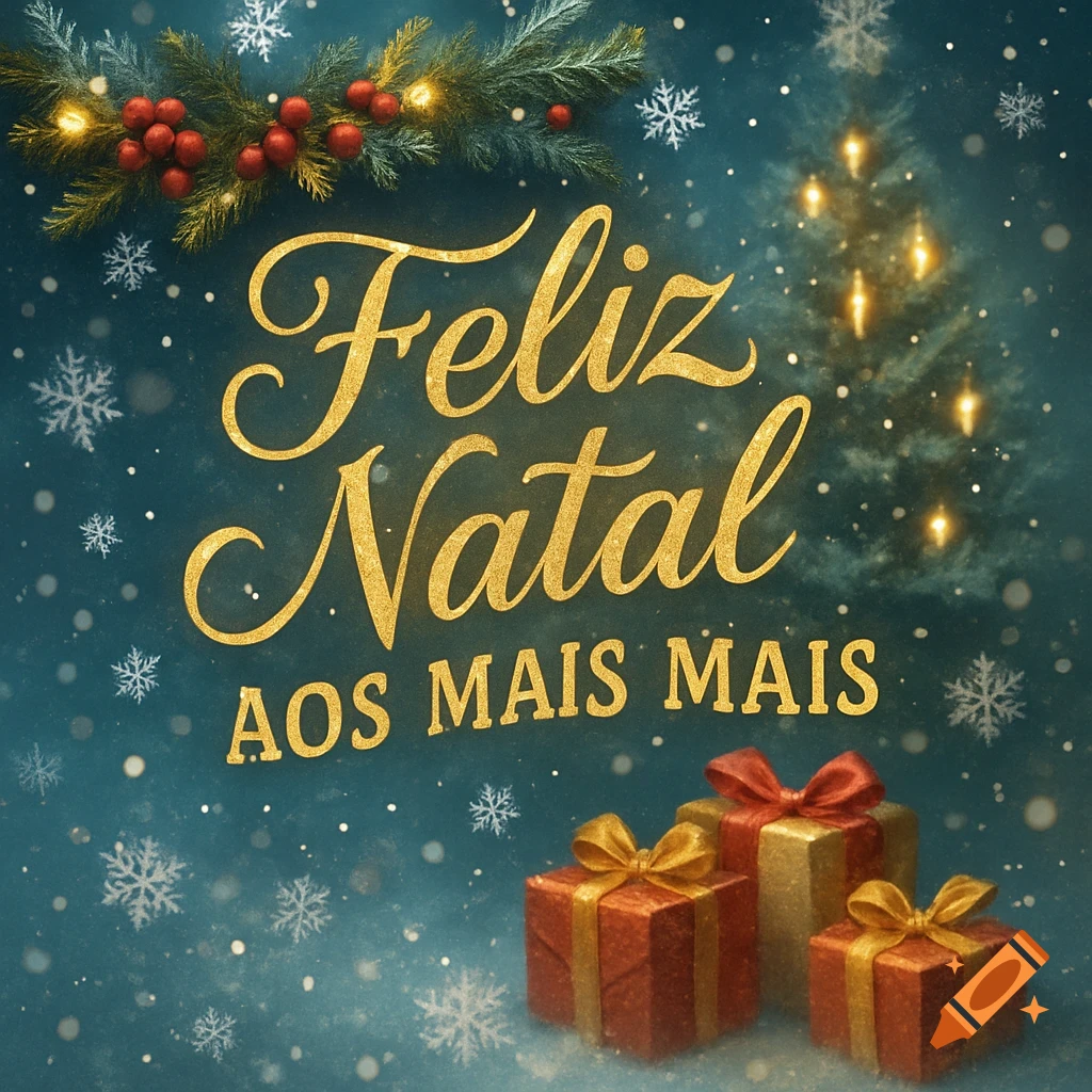 A festive Christmas greeting card with 'Feliz Natal AOS MAIS MAIS' in gold glitter, snowflakes, garland, and gift boxes.
