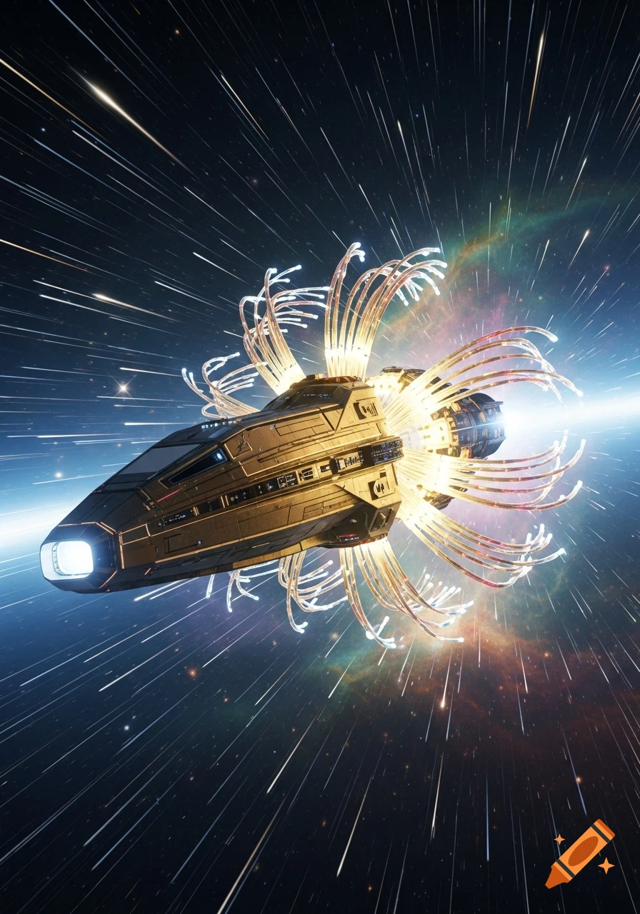 A golden futuristic spaceship with glowing tendrils from its engine speeds through a star-streaked space.