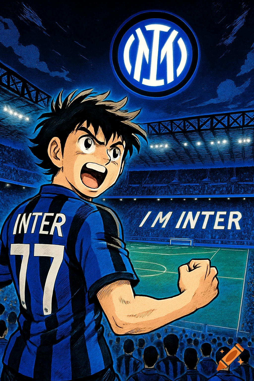 Anime-style soccer player in an Inter Milan jersey with number 77, celebrating in a stadium under a shining club logo and 'I M INTER' text.