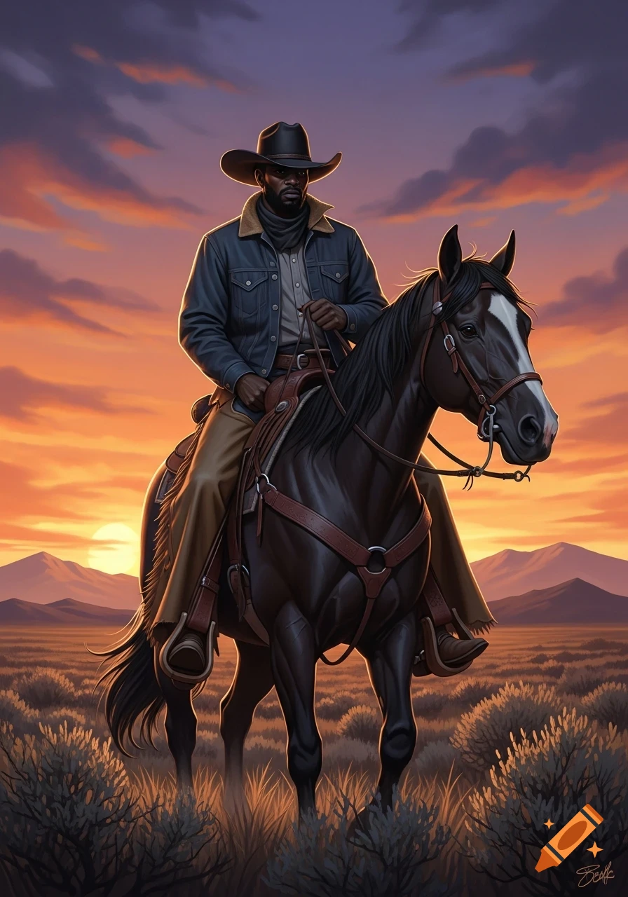 A Black cowboy riding a dark horse across a western landscape with mountains at sunset.