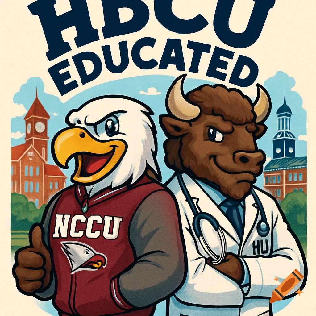 A cartoon illustration features a smiling eagle mascot in a red NCCU jacket giving a thumbs-up, standing back-to-back with a serious bison mascot in a white doctor's coat with a stethoscope and HU printed on it. University buildings are in the background, with the words "HBCU EDUCATED" above them.