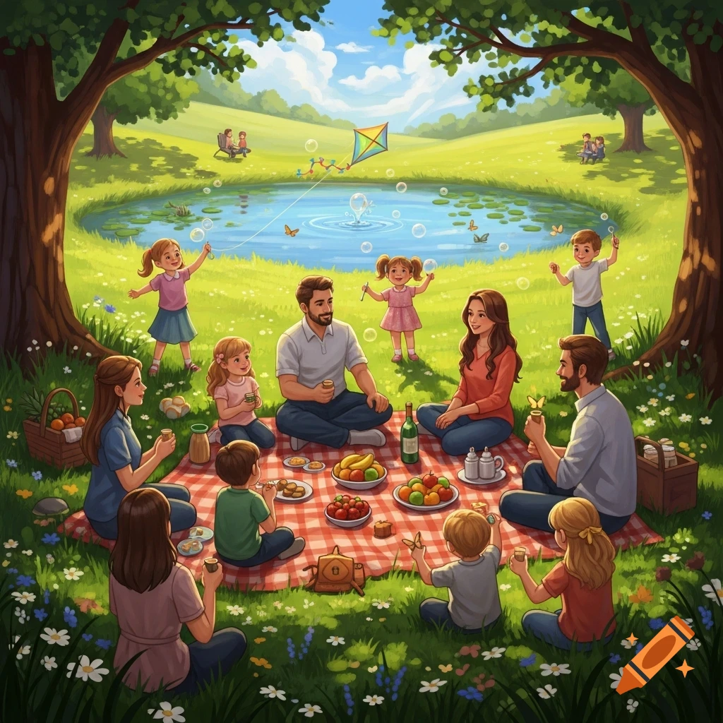 A large, happy family enjoys a picnic by a pond in a sunny park with trees and flowers, rendered in a vibrant illustration style.