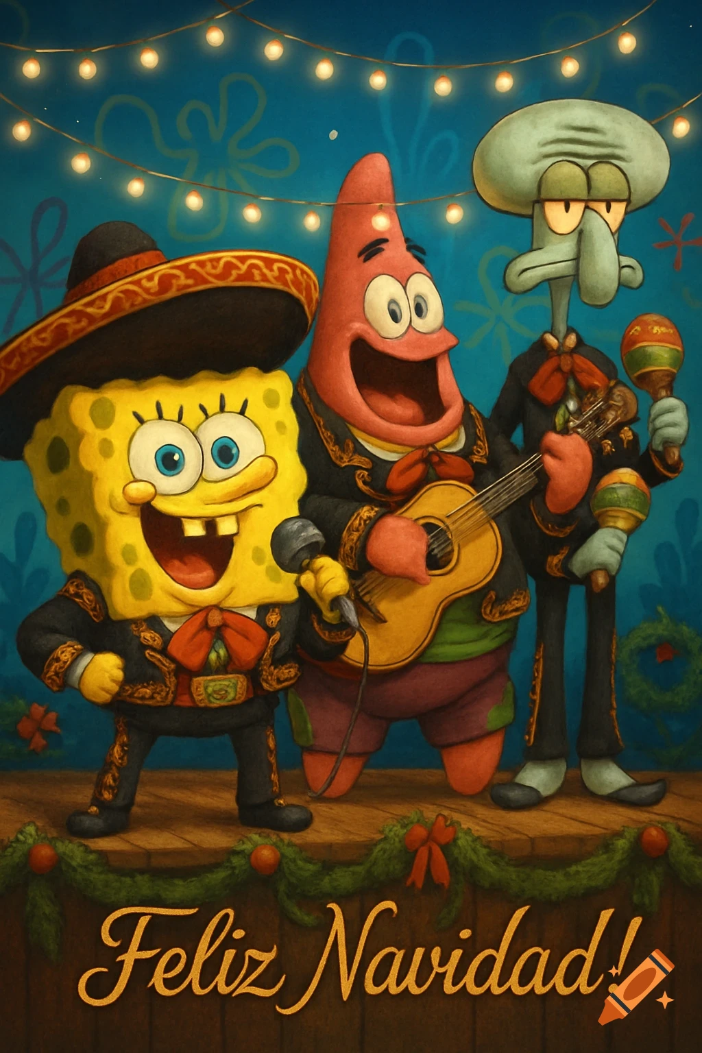 SpongeBob, Patrick, and Squidward dressed as a mariachi band on a stage decorated for Christmas, with the caption 'Feliz Navidad!'.