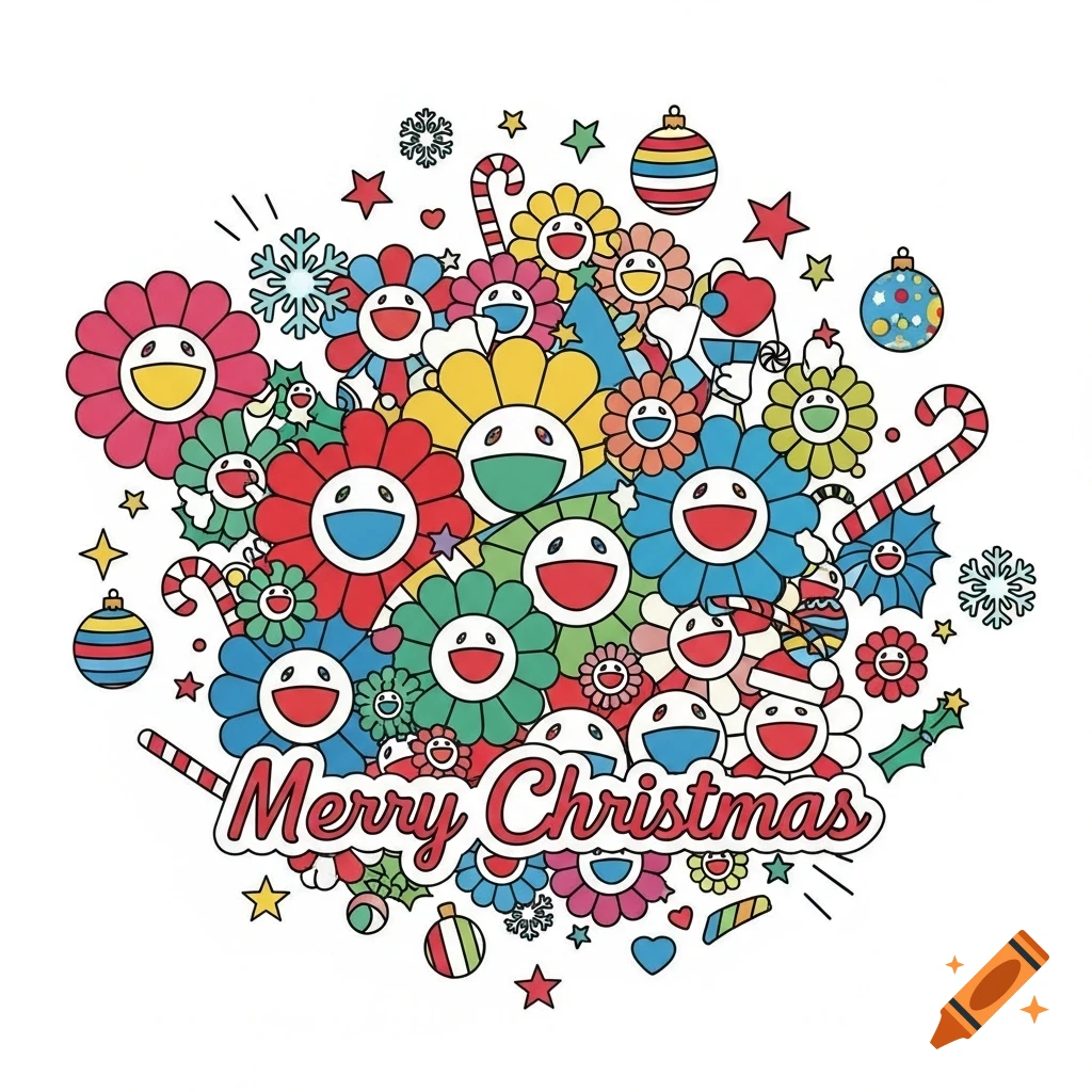 A vibrant Murakami-inspired pop-art illustration of smiling colorful flowers, Christmas ornaments, candy canes, snowflakes, and stars, with 'Merry Christmas' text.