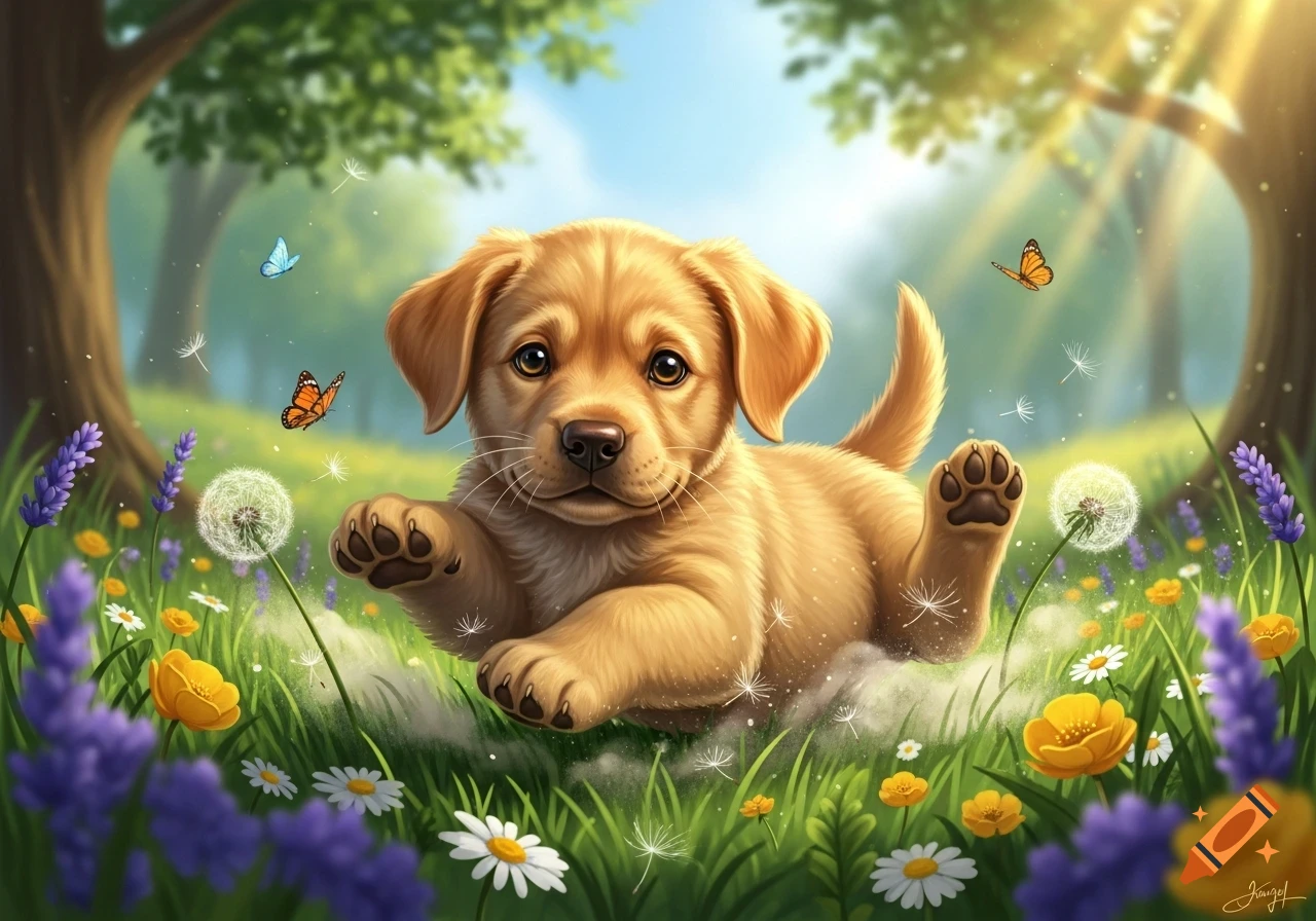 A cute golden retriever puppy lies playfully in a vibrant, sunny field of colorful flowers with butterflies, in an illustrative style.