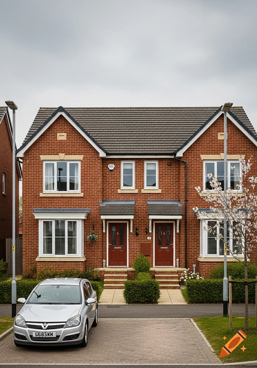A pair of brick semi-detached houses with red doors, white windows, and a silver car parked in the driveway under an overcast sky.