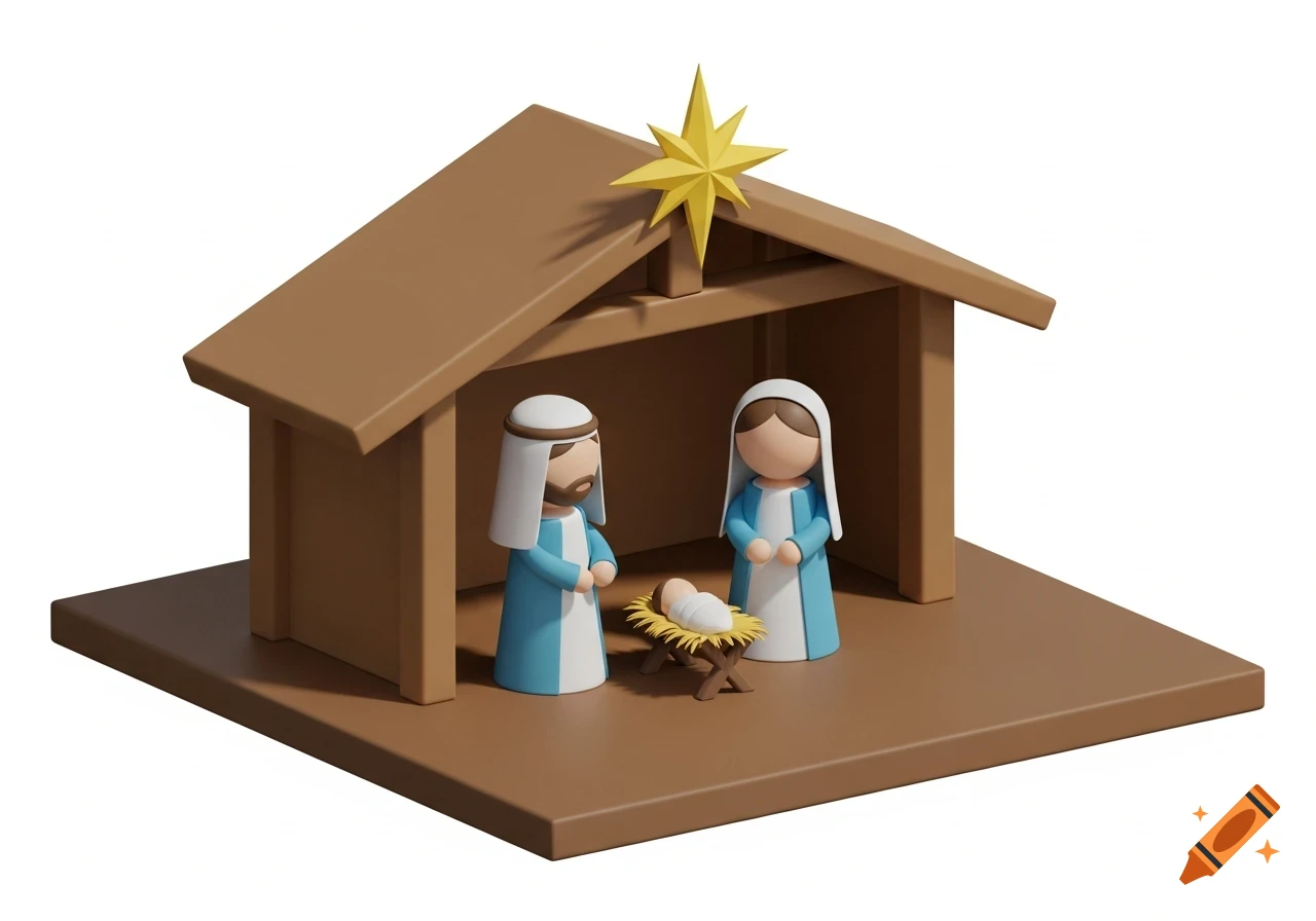 A simple 3D illustration of a nativity scene featuring geometric figures of Joseph, Mary, and baby Jesus in a stable with a star.