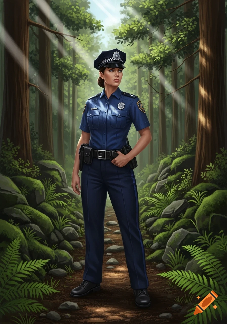 A female police officer in a blue uniform stands on a sun-dappled forest path, looking right in an illustrative style.