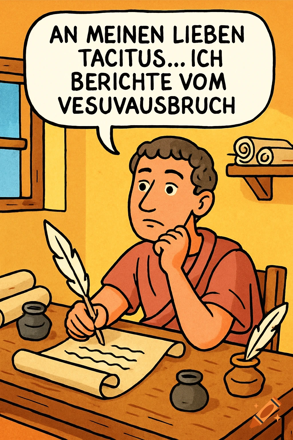 Cartoon of a Roman man in a tunic writing with a quill at a desk, a speech bubble states he's reporting on the Vesuvius eruption.