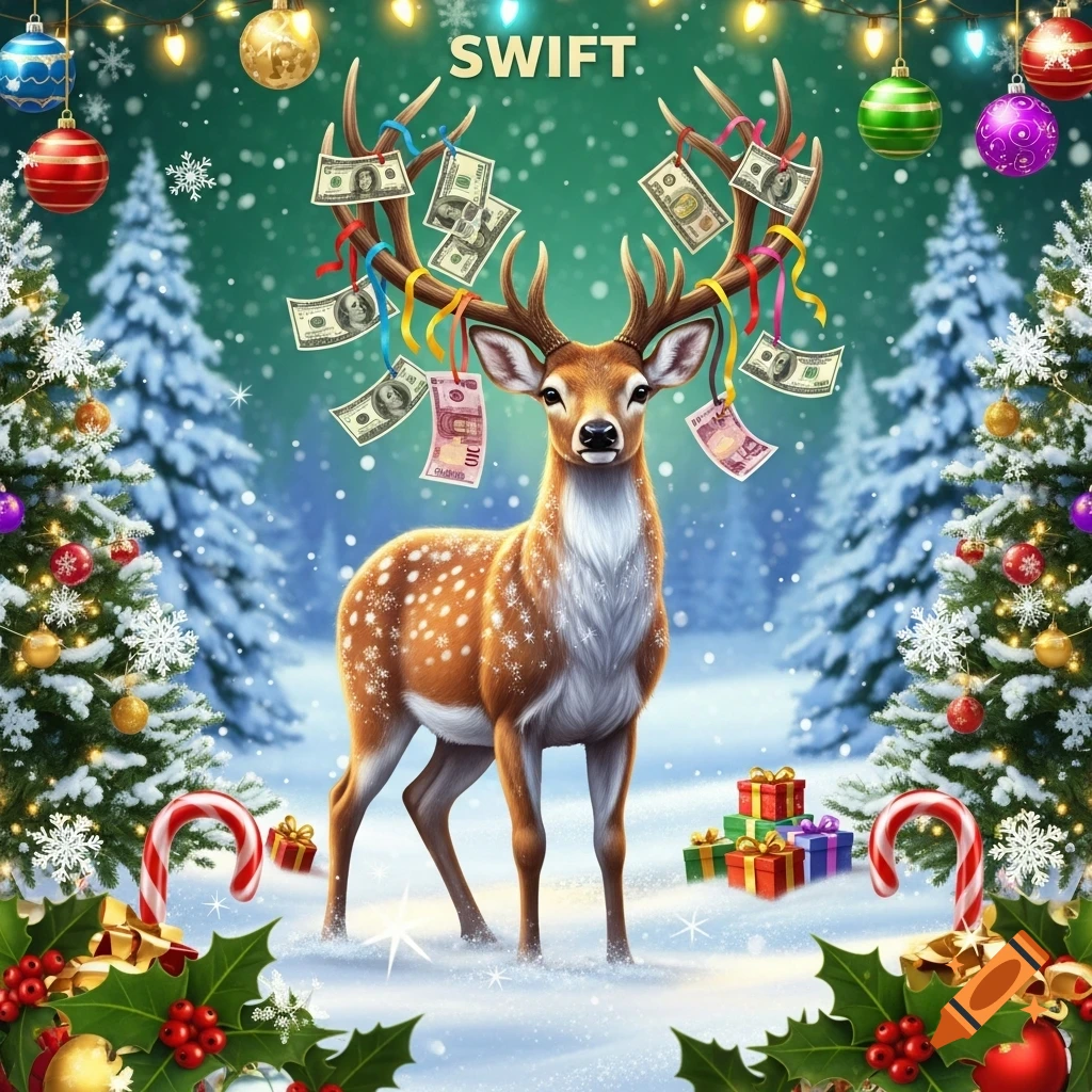 A Christmas-themed image of a reindeer with money bills and ribbons hanging from its antlers, standing in a snowy forest with decorated Christmas trees, presents, candy canes, and holly at the bottom. The text "SWIFT." is at the top.