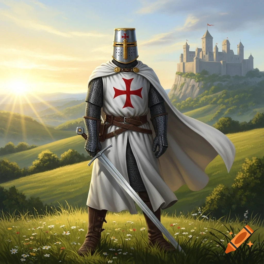 A Templar knight in full armor and white surcoat with a red cross stands in a grassy field at sunset, a castle visible in the background.