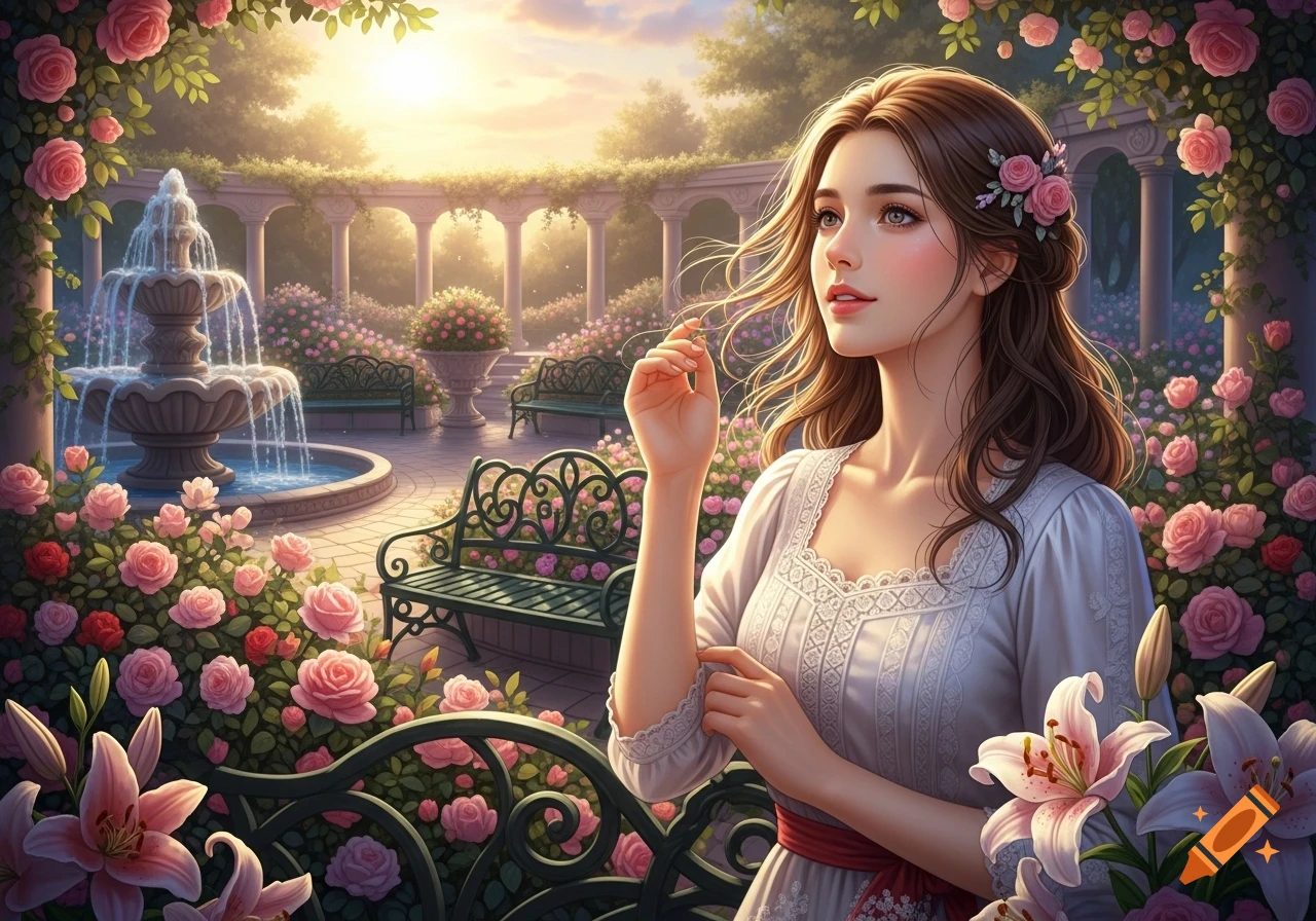 A beautiful woman in a white dress with roses in her hair, looking up in a sunlit garden with a fountain and abundant pink roses, digital art.