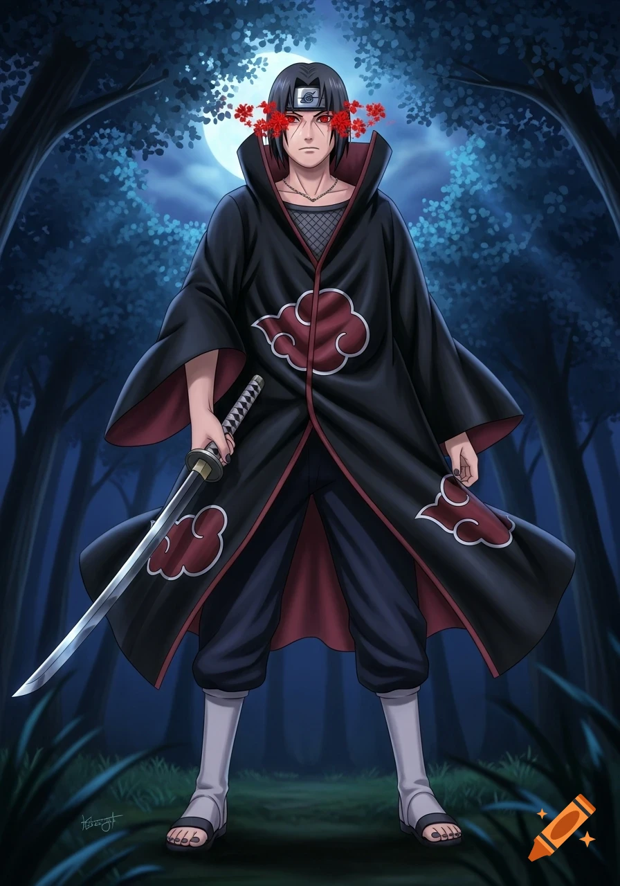 Anime style Itachi Uchiha in Akatsuki cloak, holding a katana, with red Sharingan eyes and flowers, in a dark forest under a full moon.