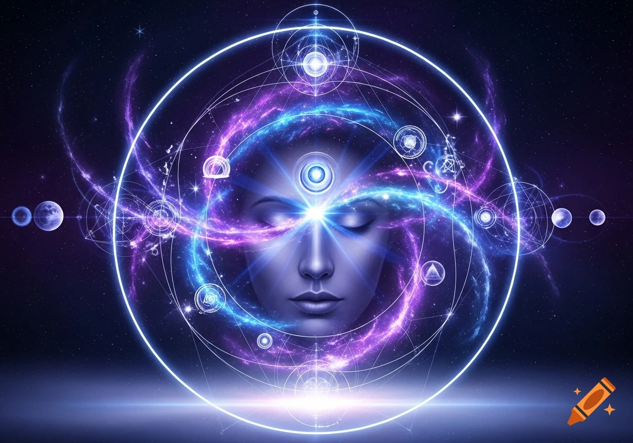 A glowing stylized face with closed eyes, surrounded by intricate cosmic patterns, sacred geometry, and vibrant blue and purple nebulae in space.