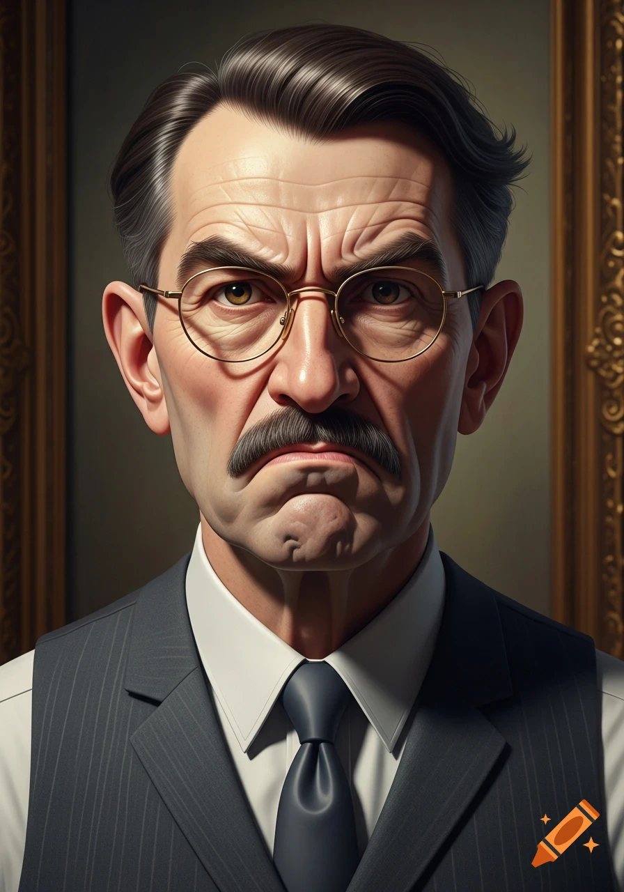 Photorealistic portrait of a grumpy, middle-aged man with a mustache, gold-rimmed spectacles, wearing a pinstripe vest.