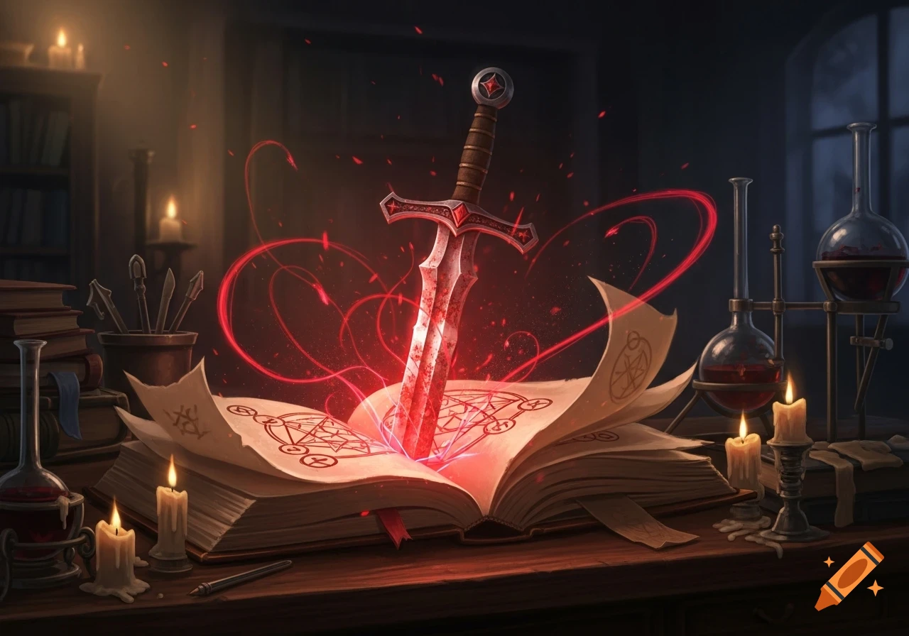 A glowing red sword plunged into an open spellbook with symbols, surrounded by candles, books, and alchemical beakers on a wooden desk.