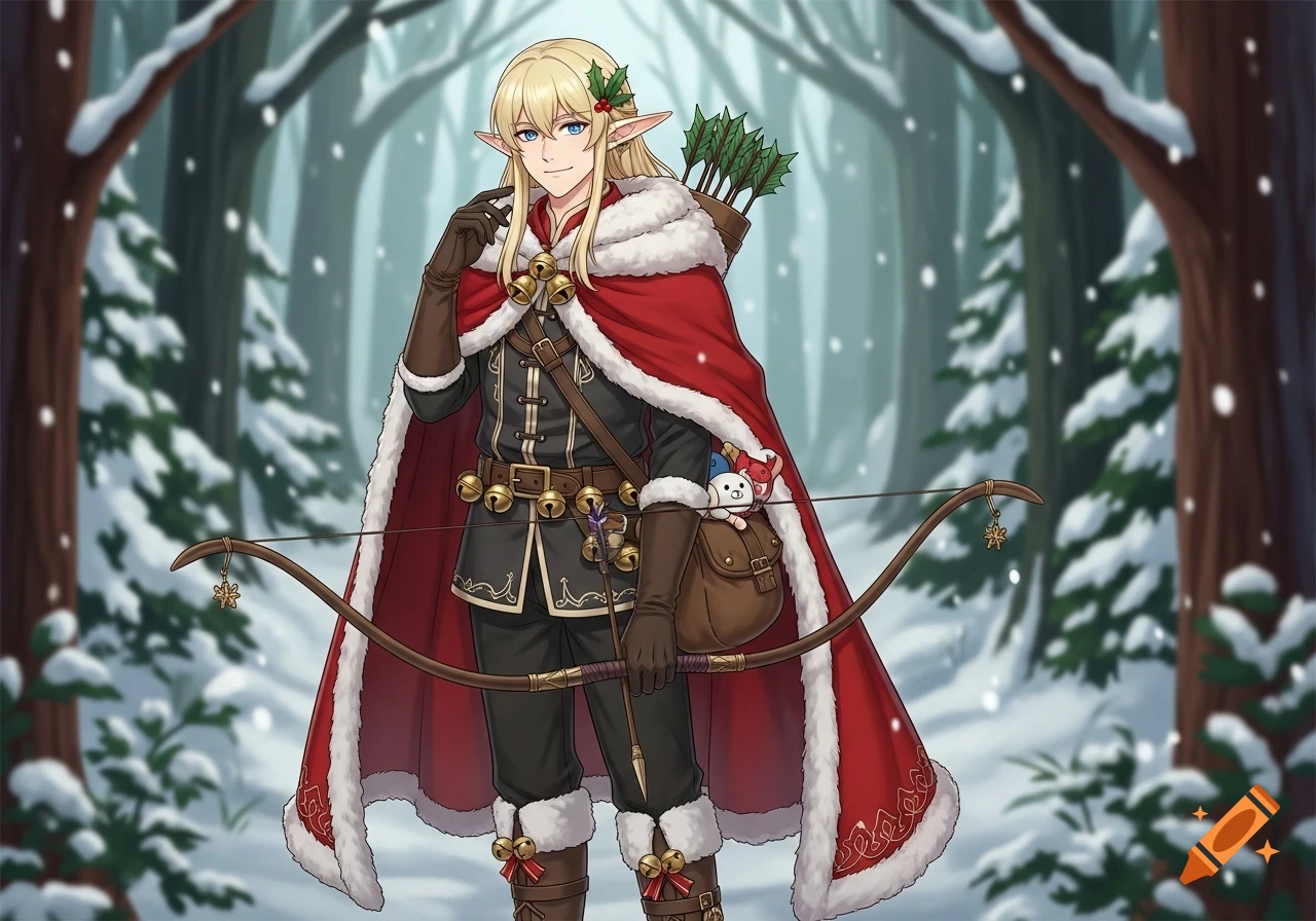 An anime elven man with blonde hair, a red fur-lined cloak, and a bow ...