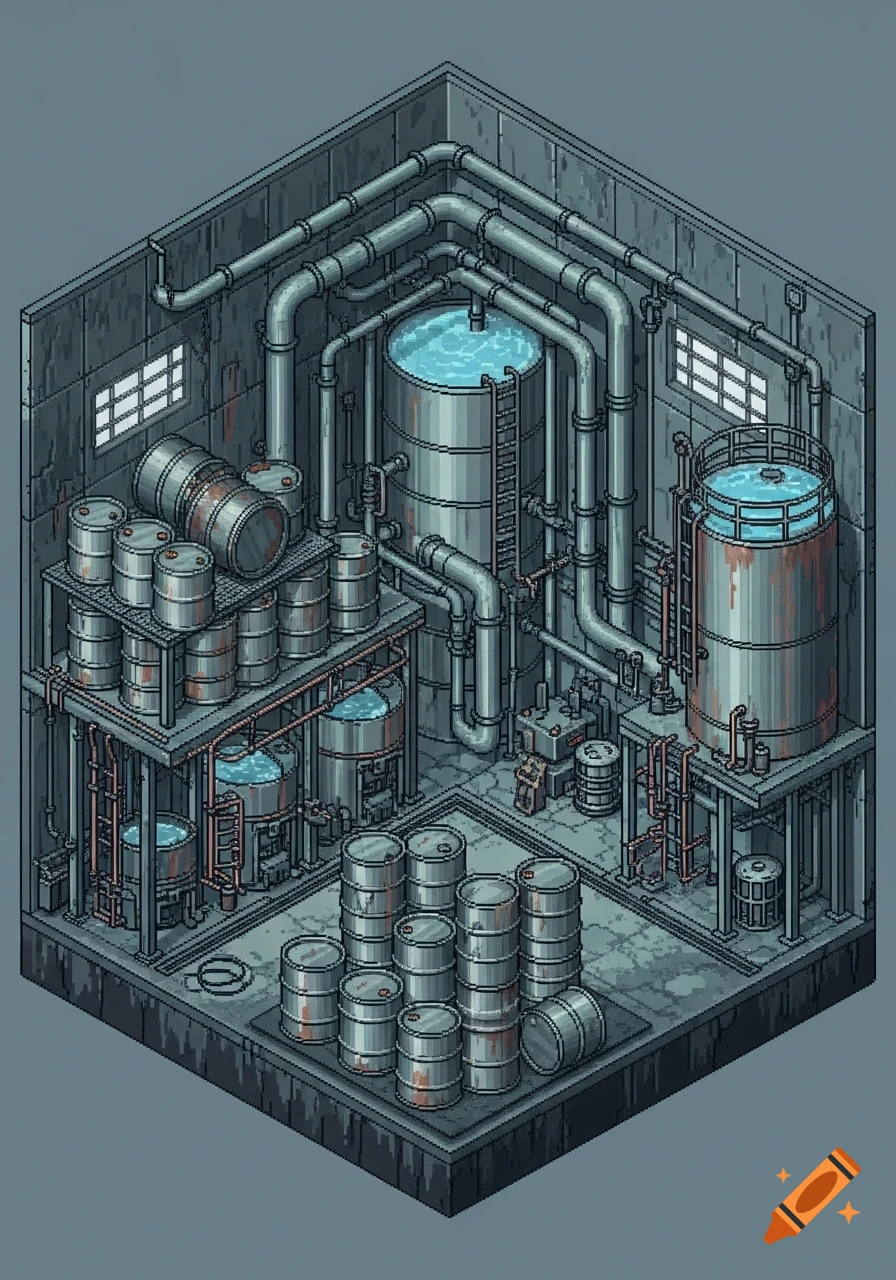 An isometric pixel art depiction of a dingy industrial water barreling facility with steel barrels, pipes, and tanks.