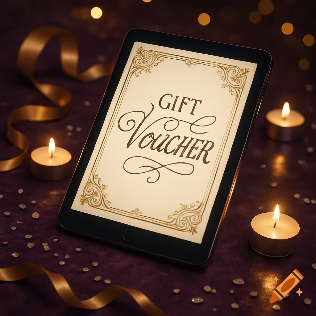 A photorealistic image of a tablet displaying a 'GIFT Voucher' amidst golden ribbons, lit candles, and glittering specks on a purple surface with bokeh lights.