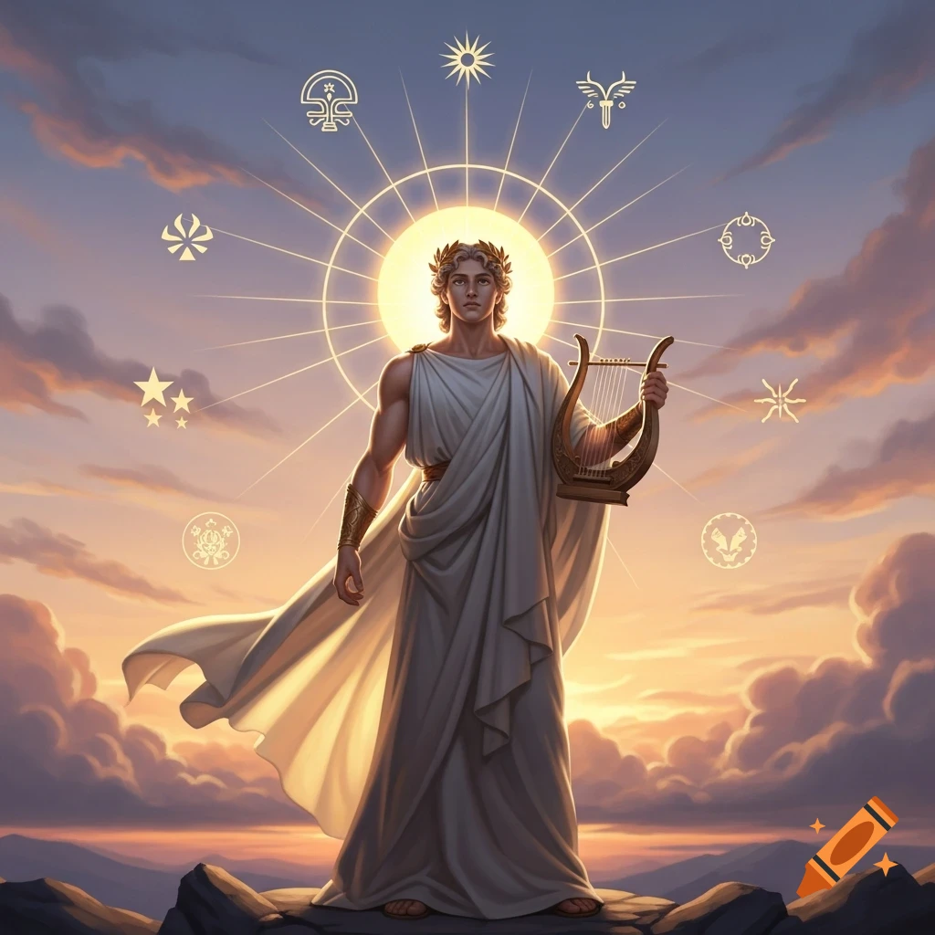 A majestic male figure resembling Apollo, wearing a white toga and laurel wreath, stands on a rocky peak at sunset, holding a lyre. A radiant sun and mystical symbols are in the sky.