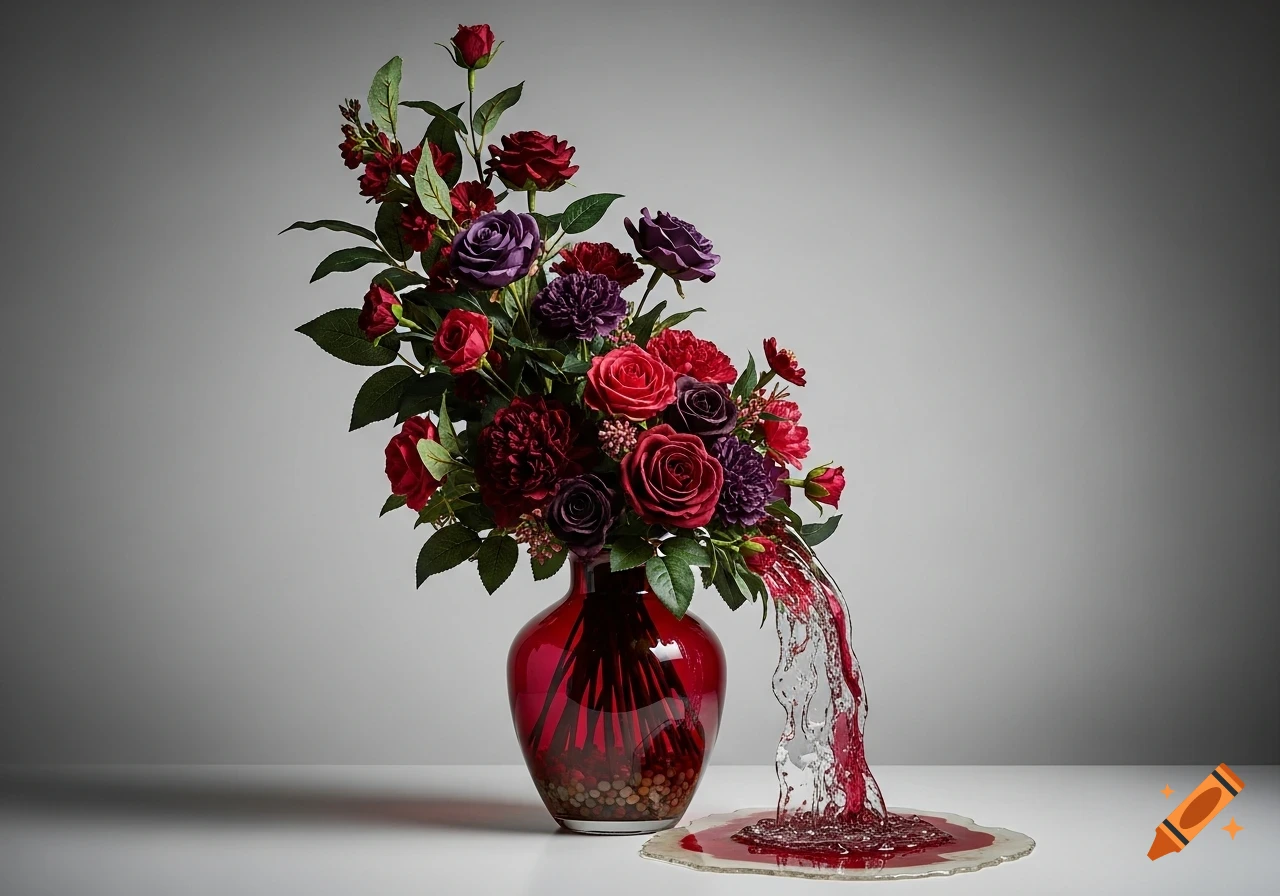 Photorealistic luxurious floral arrangement in a red glass vase with burgundy, crimson, and plum flowers, spilling red liquid.