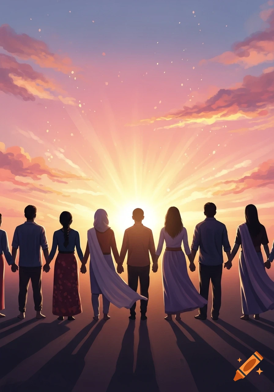 A diverse group of people holding hands, seen from behind, watching a brilliant sunrise over a vast horizon.