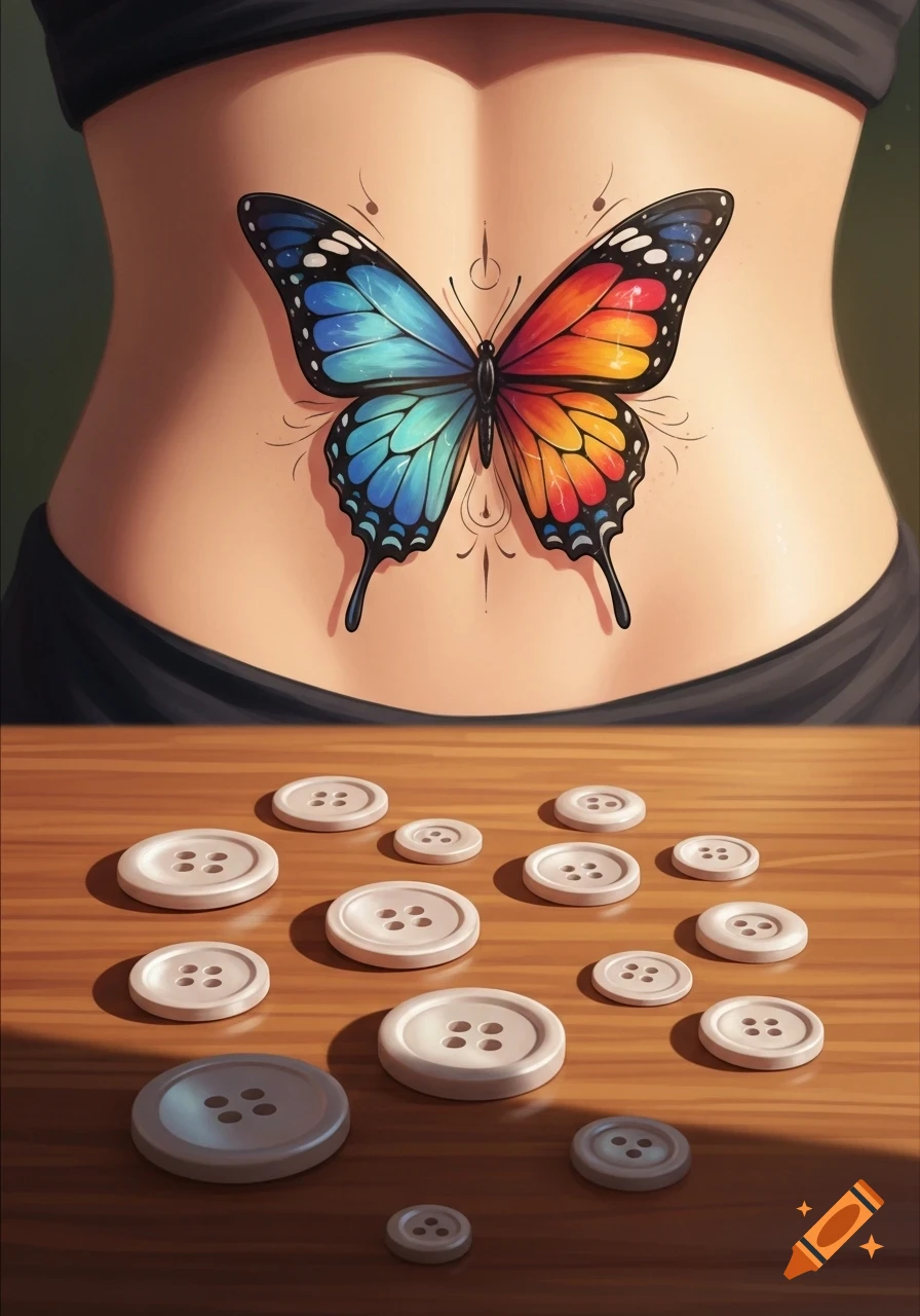 A colorful blue and orange butterfly tattoo on a person's lower back, with white buttons scattered on a wooden surface below.