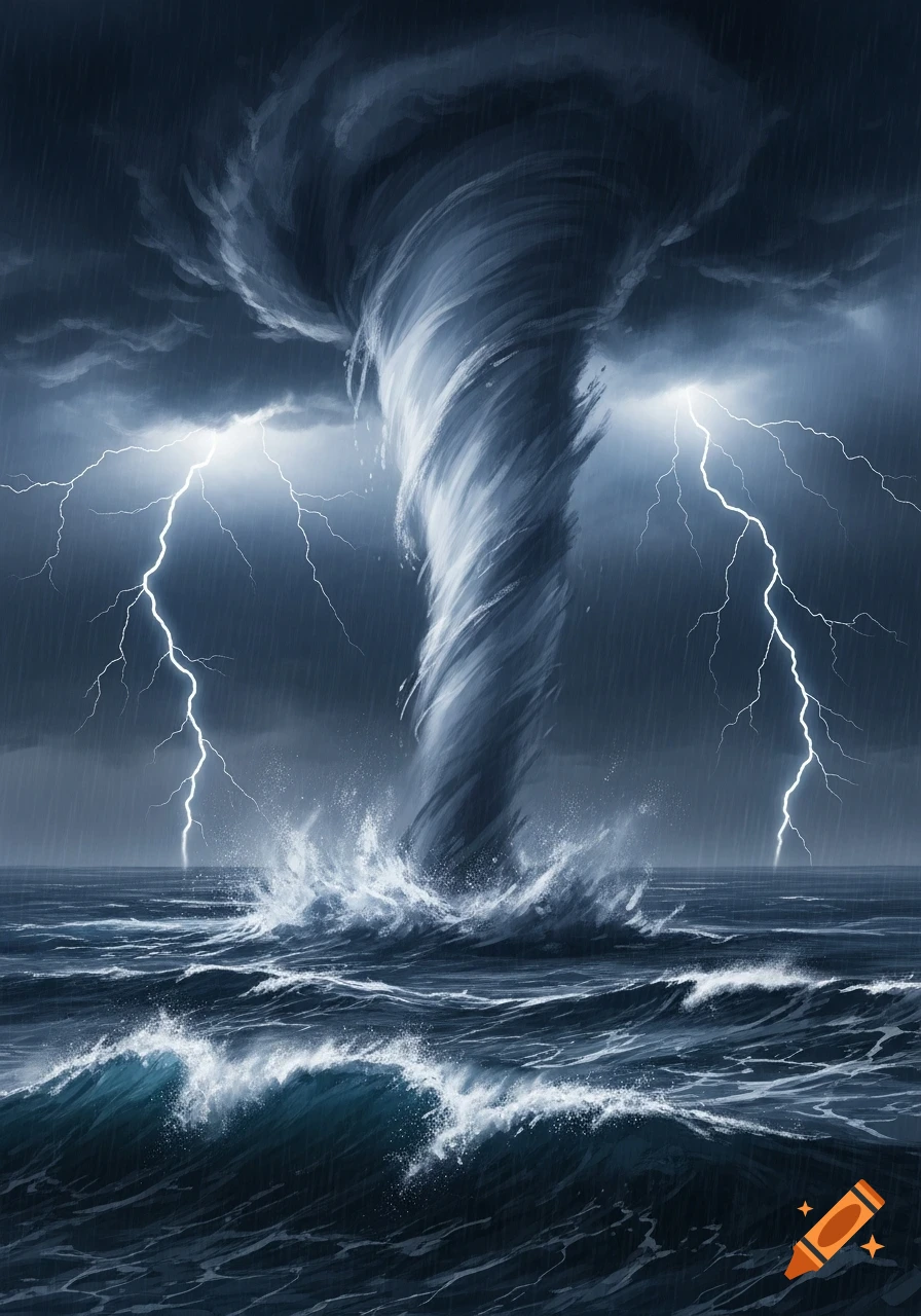 A powerful tornado rips through a stormy ocean with crashing waves and bright lightning strikes under dark clouds.