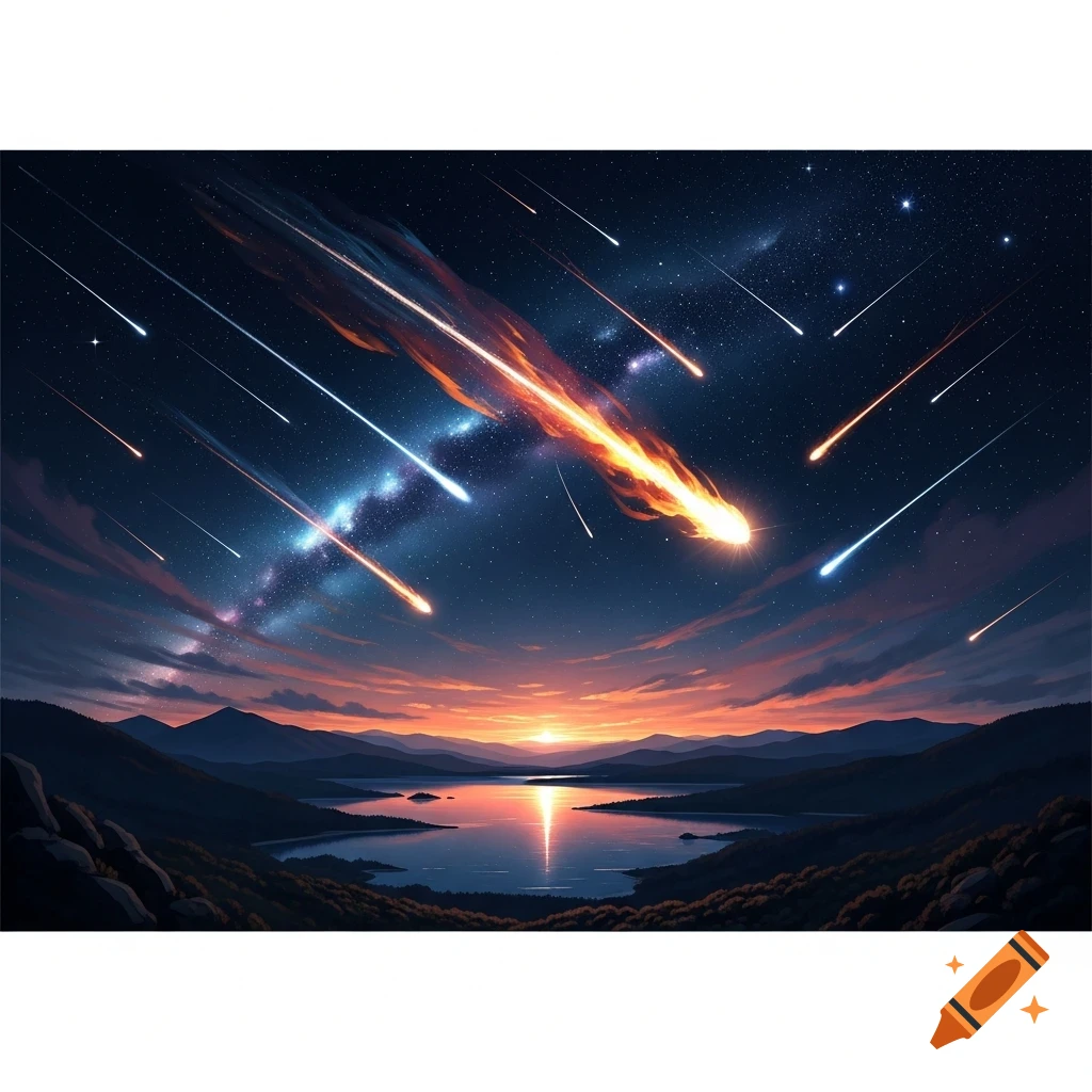 A vibrant meteor shower illuminates a dark, starry night sky above a calm lake reflecting a fiery sunset over mountains.