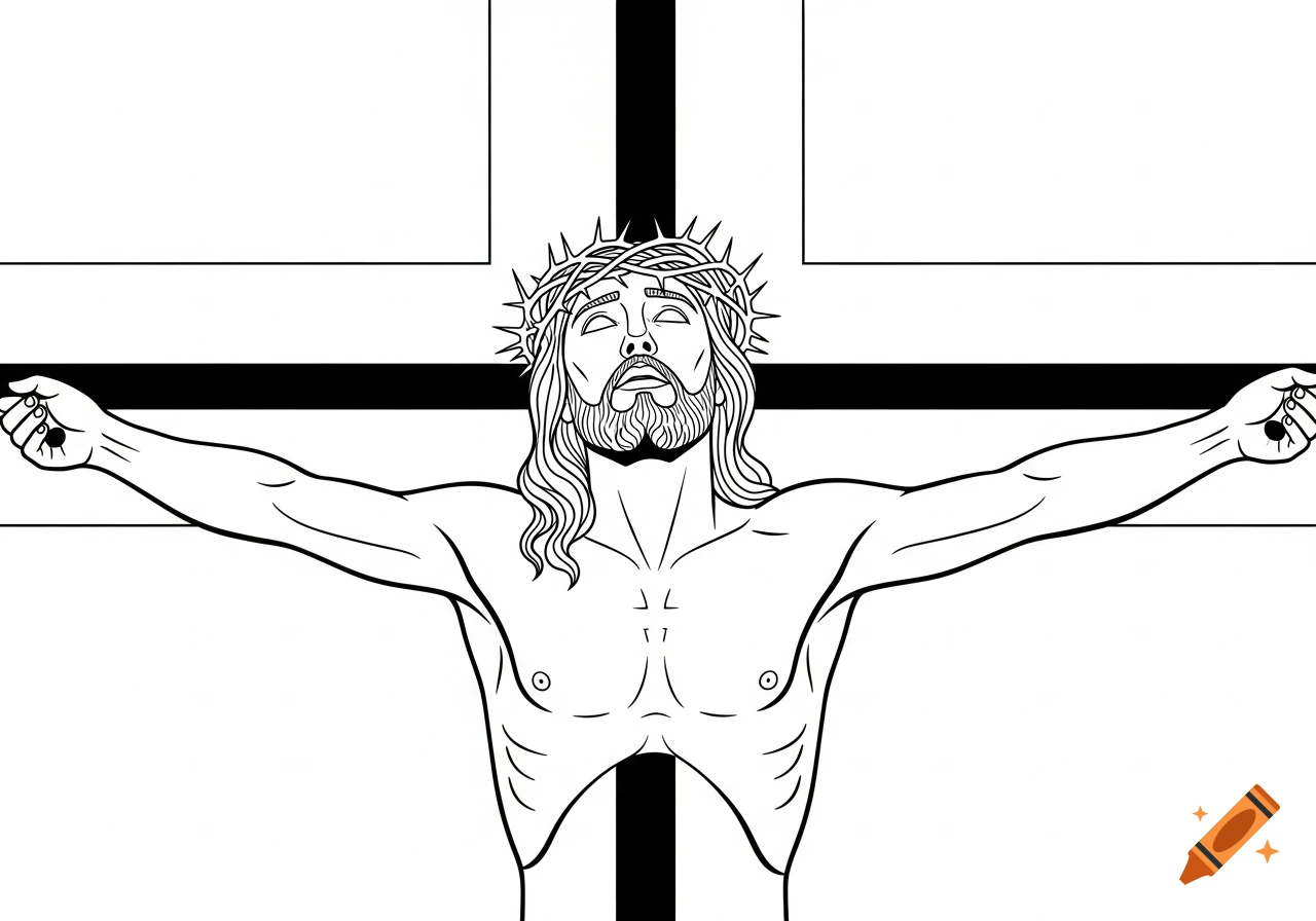 Black and white line drawing of Jesus Christ on the cross with a crown of thorns, looking up.