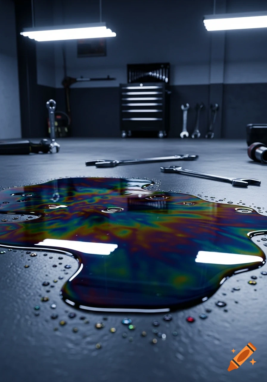 Close-up of iridescent automotive oil spilled on a dark garage floor, with wrenches and a tool chest in the background.