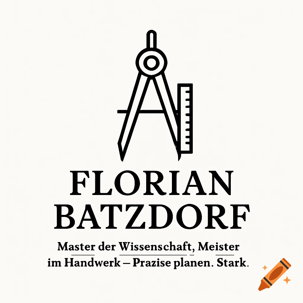 Black and white logo for Florian Batzdorf featuring a compass and ruler icon, with text slogan.