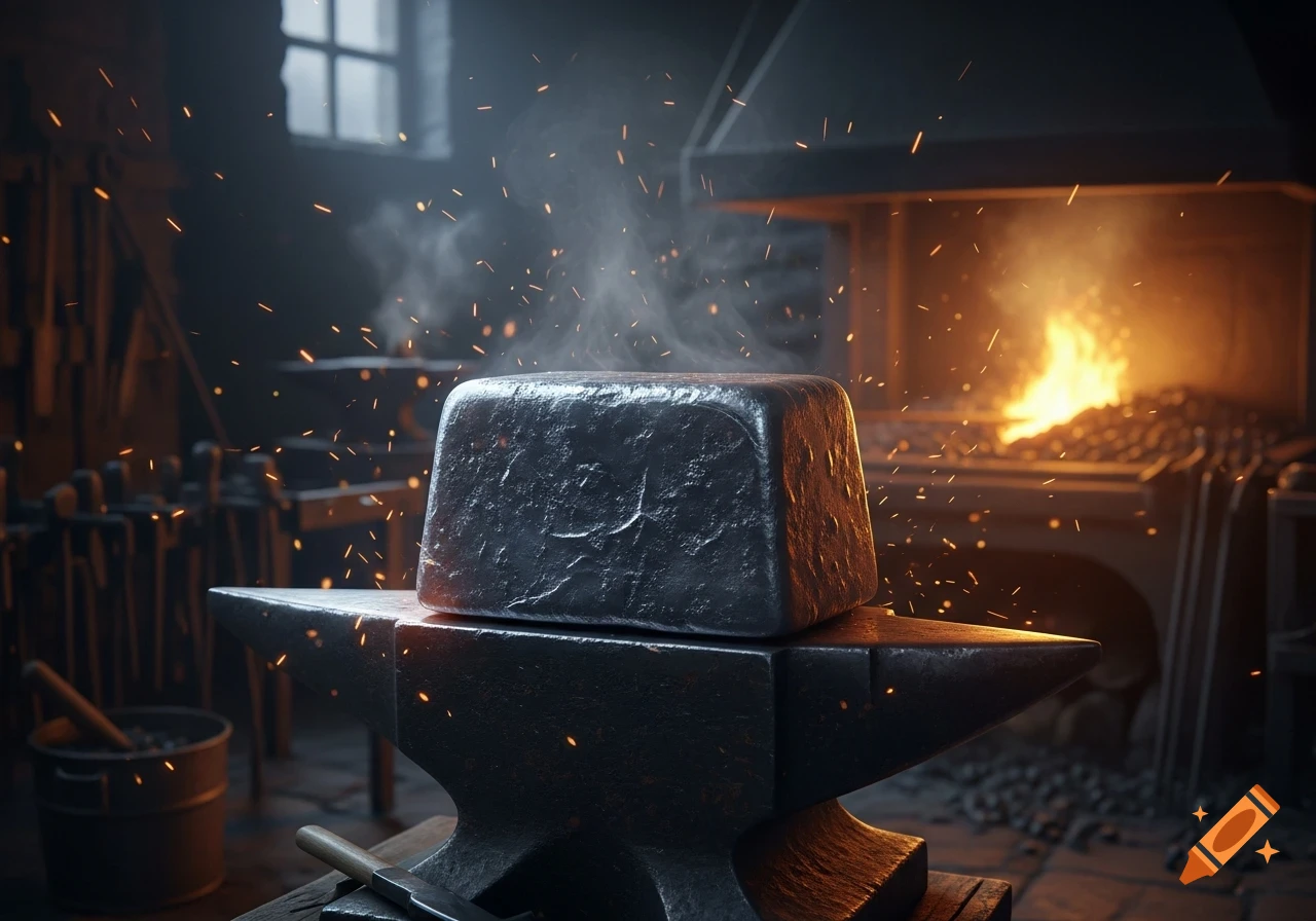 A hot iron ingot on an anvil in a dark blacksmith's workshop, with sparks, smoke, and a glowing forge in the background.