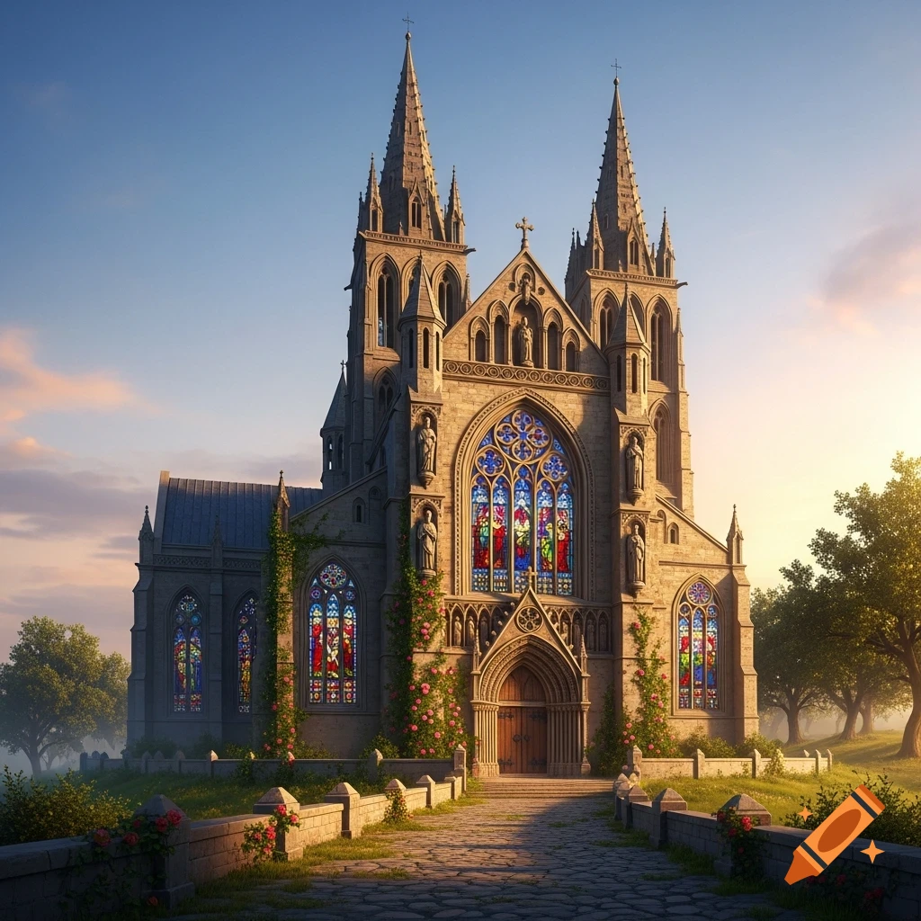 A grand gothic medieval church with intricate spires and colorful stained glass windows, set amidst green grass and trees under a clear sky.