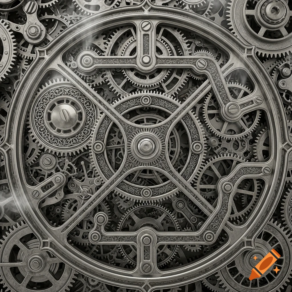 Detailed close-up of intricate metallic steampunk watch gears, forming a complex mechanism.