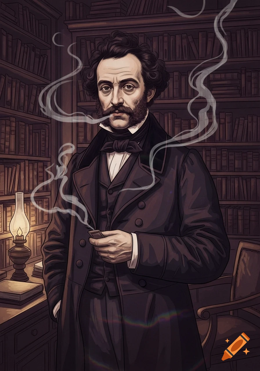 An illustrated portrait of a 19th-century man with a mustache and beard, in a dark suit, smoking a pipe in a dimly lit library.