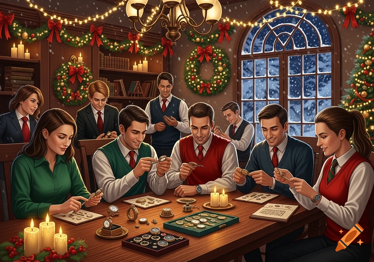 Watchmaking students, some in vests and ties, gather around a festive table decorated with Christmas lights and candles, inspecting intricate watch parts.