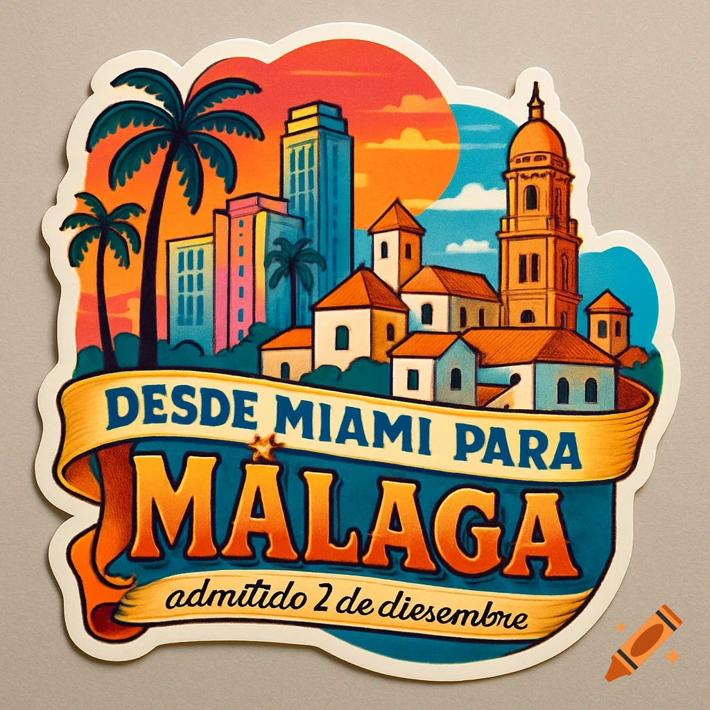 A colorful travel sticker design featuring cityscapes of Miami and Malaga with text "DESDE MIAMI PARA MALAGA admitido 2 de diciembre".