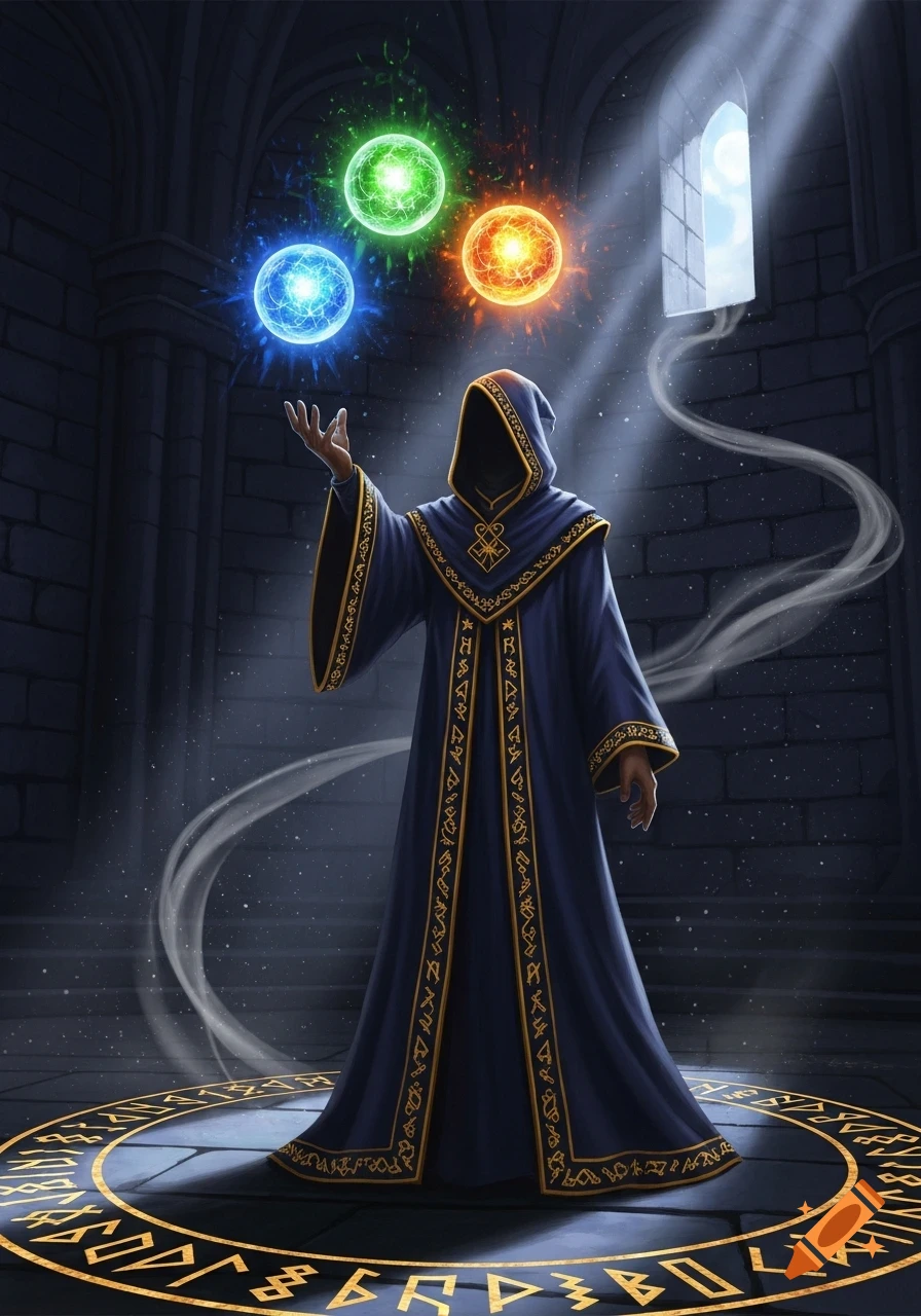 A hooded mage in a dark, vaulted room with a magic circle on the floor conjures glowing blue, green, and orange orbs.