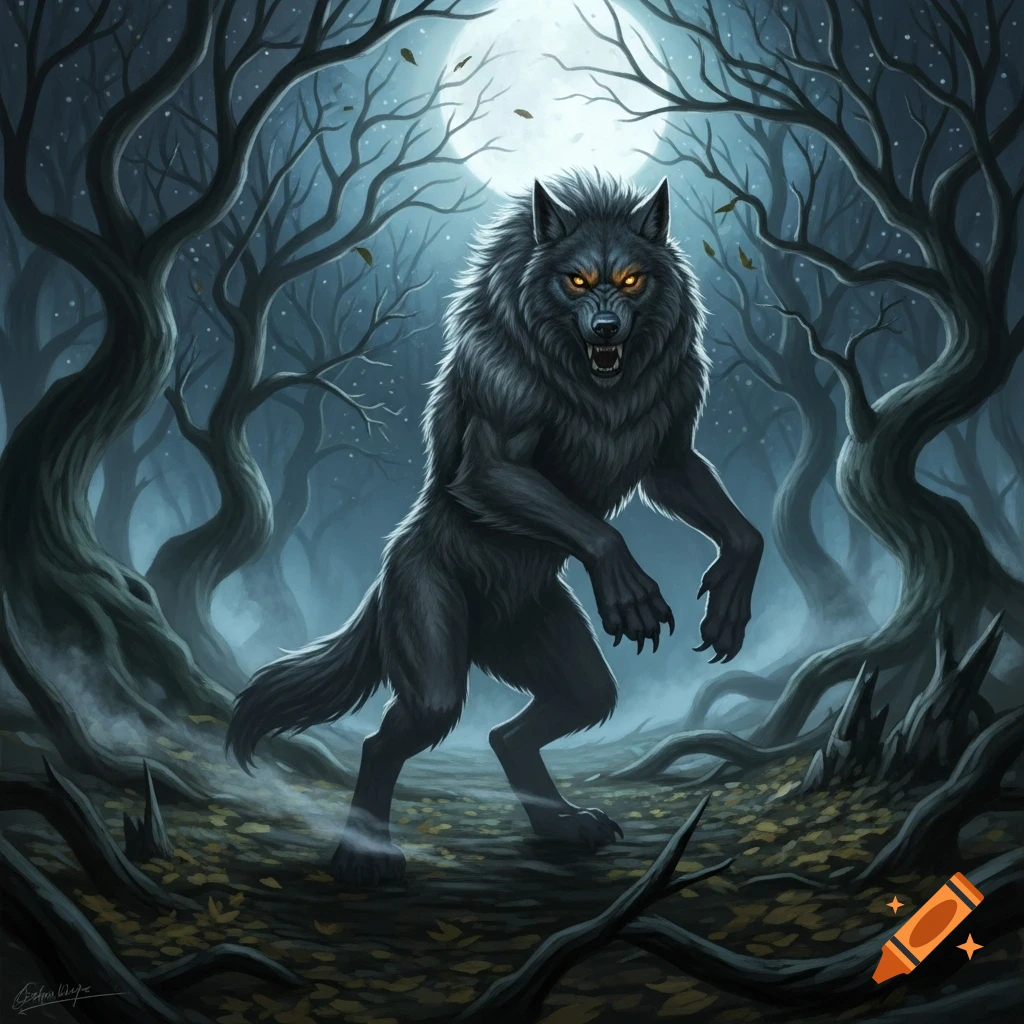 A menacing dark gray werewolf with glowing orange eyes stands snarling in a misty, dark forest under a full moon, digital art.