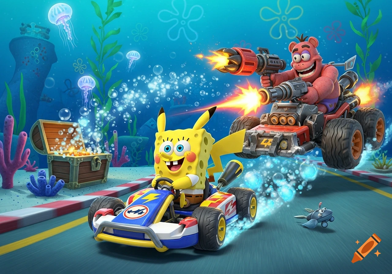 Pikachu-Spongebob in a kart races against a gun-wielding Freddy-Patrick in a vibrant 3D underwater Bikini Bottom scene.