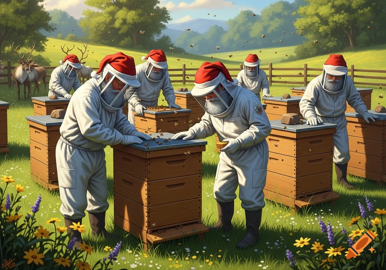 A group of Santas wearing beekeeping suits and red hats tending to wooden beehives in a sunny meadow filled with flowers, with deer in the background. Digital art.