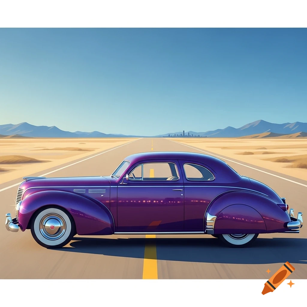 A vibrant purple vintage car with white-wall tires is parked on a long desert road under a clear blue sky, with mountains and a city in the distance.