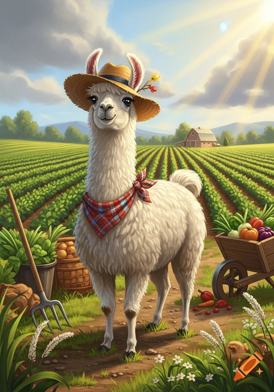 A cartoon llama wearing a straw hat and a red plaid bandana stands in a sunny farm field with rows of green crops.