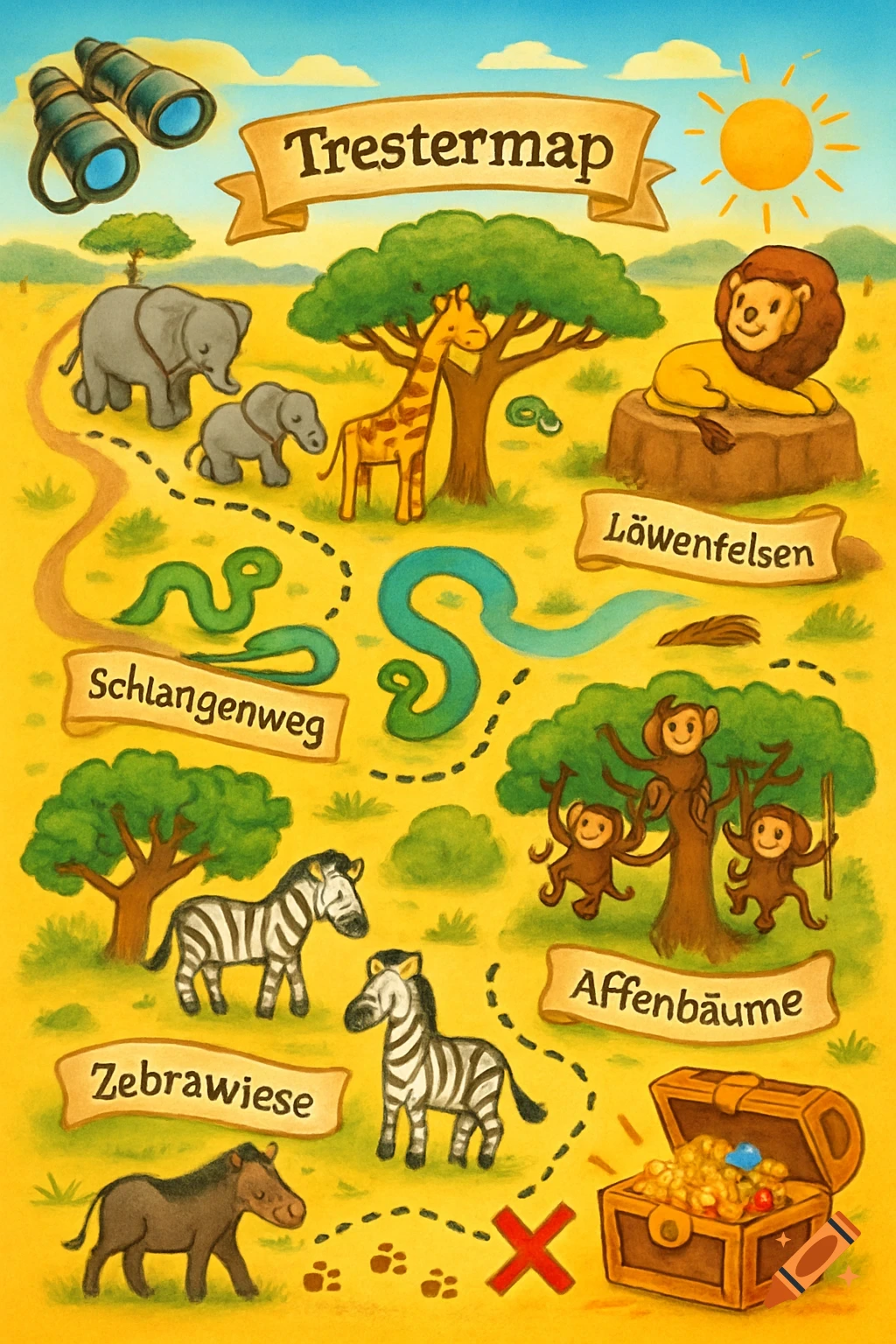 Cartoon safari treasure map with elephants, a giraffe, lions, monkeys, zebras, a warthog, and a treasure chest. Text labels for locations are on scrolls.