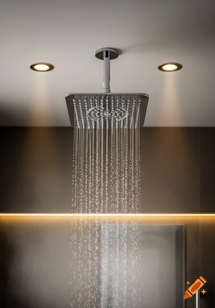 A modern square chrome shower head with water streaming down in a minimalist bathroom with illuminated walls.
