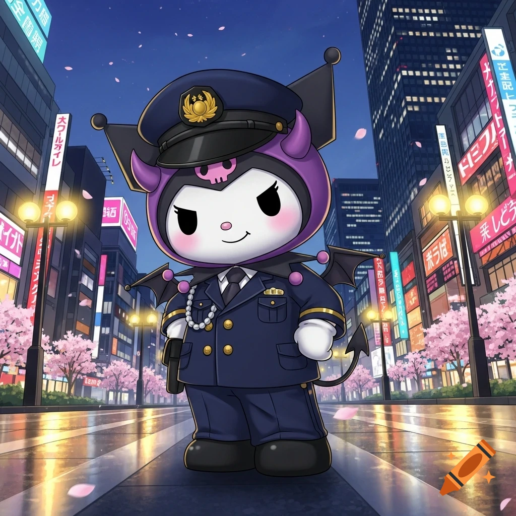 Sanrio's Kuromi character dressed as a police officer stands on a wet Tokyo street at night, surrounded by glowing signs and cherry blossom trees.