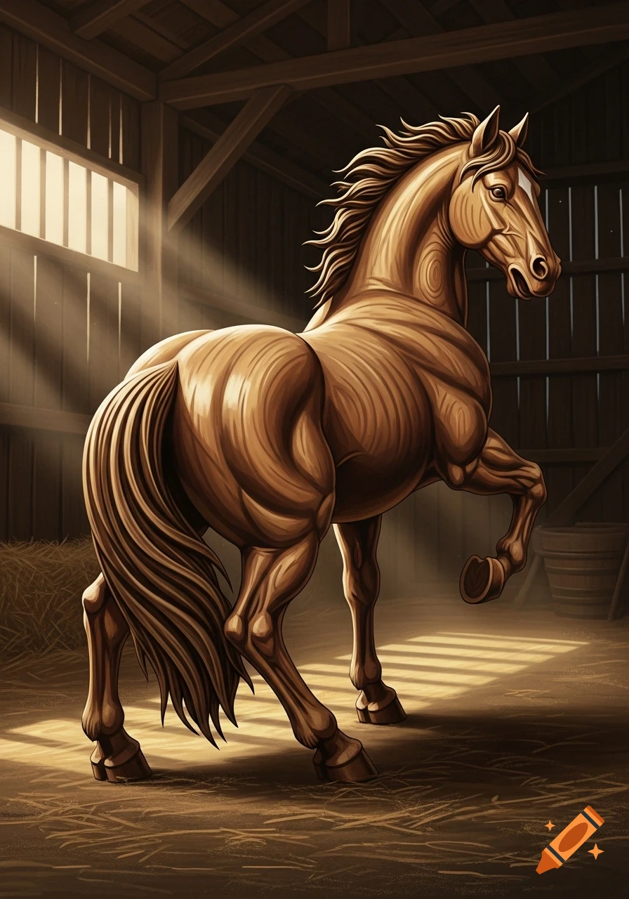 Stylized brown carved horse standing powerfully in a sunlit barn.