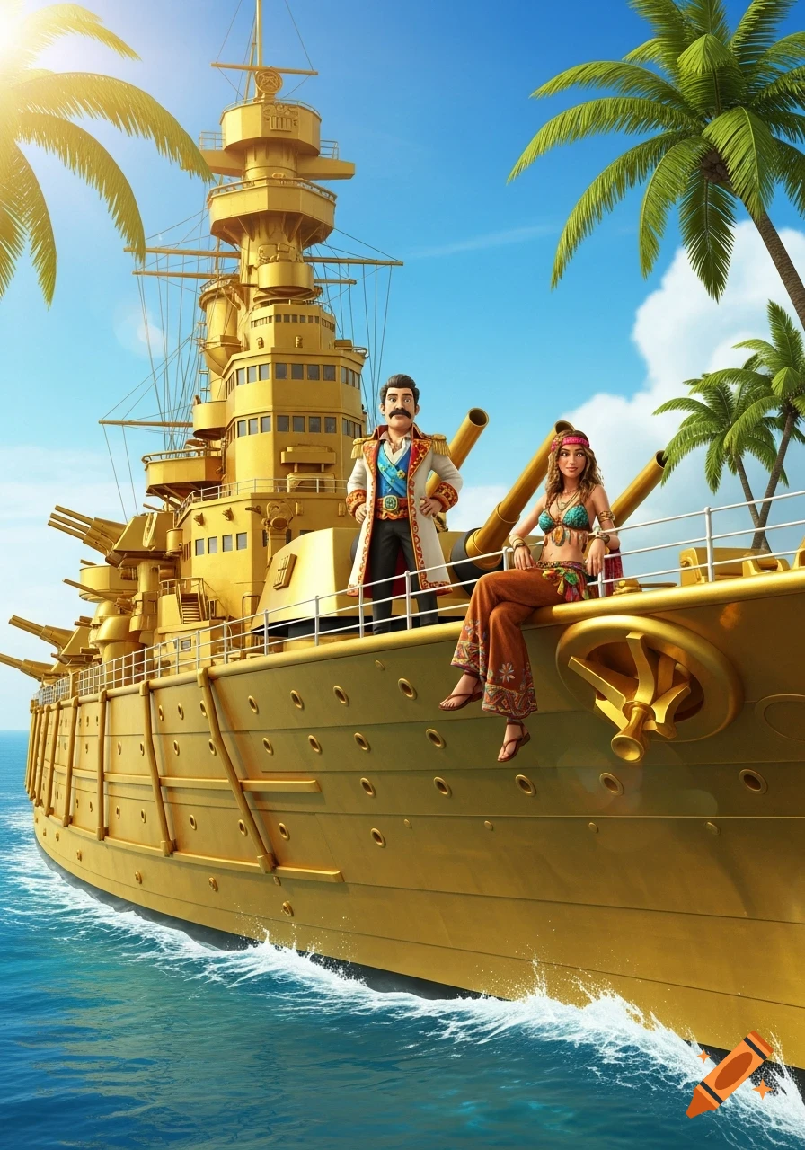 A stylized golden battleship with a man in uniform and a woman in a bikini top on its bow, sailing in tropical waters under palm trees.
